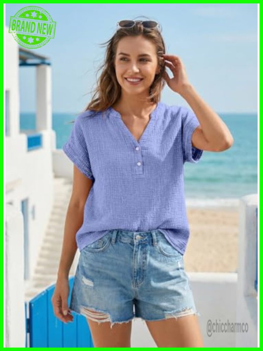 Women's Boho Button Down Blouse Cotton Short Sleeve V-Neck Loose Fit Top - Picture 4 of 6